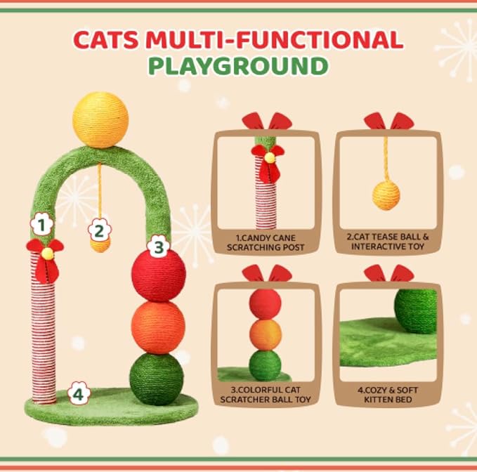 VINGLI 29IN Christmas Cat Tree Tower with Sisal Scratcher Balls, Holiday Cat Scratching Post with Candy Cane Pole & Dangling Ball Toy, Cute Indoor Cat Tree for Kittens & Adult Cats