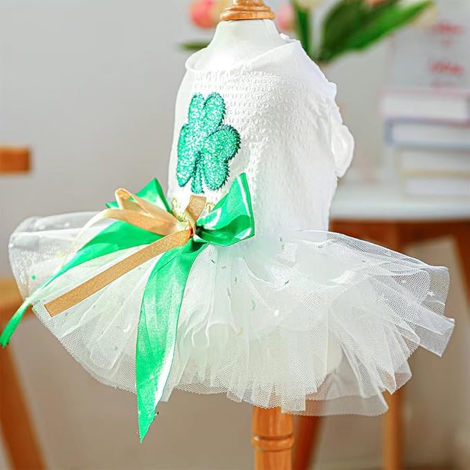 St Patrick's Day Dog Dress for Small Dogs Girl Lucky Shamrock Tutu Dresses with Bow Tie Holiday Puppy Clothes Female Pet Cat Outfit (Green, X-Small)