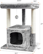 SYANDLVY 27IN Cat Tree for Indoor Cats Large Adult, Modern Activity Tower with Scratching Posts, Condo with Plush Perch, Climbing Stand with Spring Ball for Play, Grey