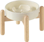 Ceramic 0.9 Cup Raised Dog Slow Feeder Set, Elevated Bowl with Wooden Stand for Small Dog and Cat, 6.1inch Puzzle Slow Dog Food Dish, Anti-Gulping(Light Yellow, Single Bowl+ Stand)