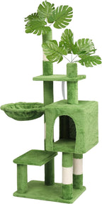 48in Plush Cat Tree with Leaves,Multi-Level Cats Tower,Large Pet Activity Center,with Sisal Scratching Post, Cat Condo, Padded Beds, Cozy Hammock,for Kittens and Indoor Cats (Green)