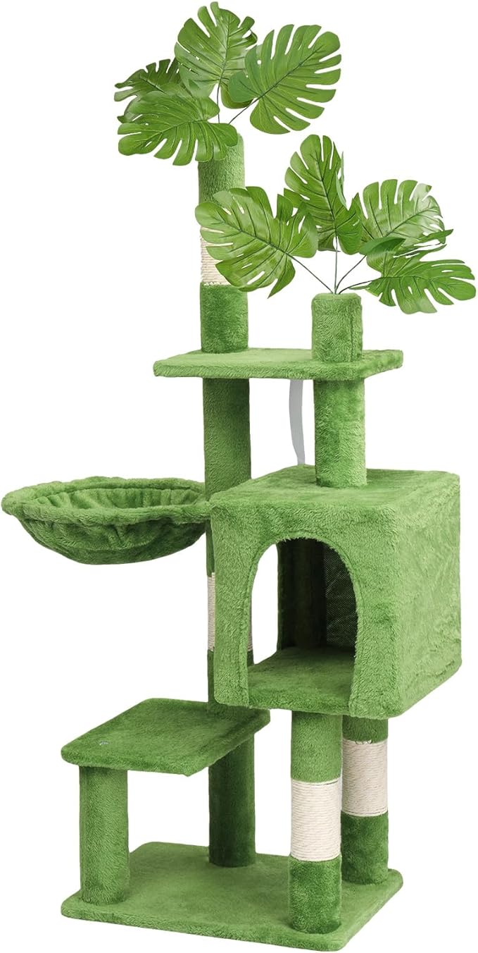 48in Plush Cat Tree with Leaves,Multi-Level Cats Tower,Large Pet Activity Center,with Sisal Scratching Post, Cat Condo, Padded Beds, Cozy Hammock,for Kittens and Indoor Cats (Green)