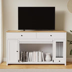 63" Dog Crate Furniture with 2 Drawers & Cabinets, Heavy Duty Wooden Dog Kennel TV Stand for Medium/Large Dogs, Dog Kennel Indoor Dog Cage with Storage, Decorative Pet Crate Sideboard, White