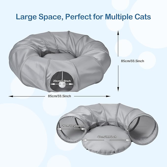 Cat Tunnel Bed with 20 Pcs Interactive Toys, 3-in-1 DIY Collapsible Plush Cat Tube with Washable Mat, Large Indoor Play Tunnel Cave for Kittens and Small Animals