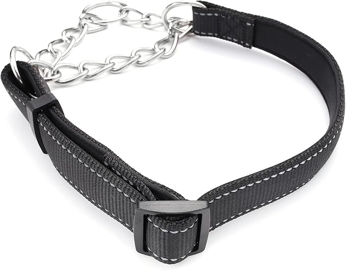 Martingale Dog Collars Adjustable Soft Nylon Reflective Collars with Stainless Steel Chain Walking Training Collars Heavy-Duty Puppy Chain Collars for Small,Medium,Large Dogs(Black,S)