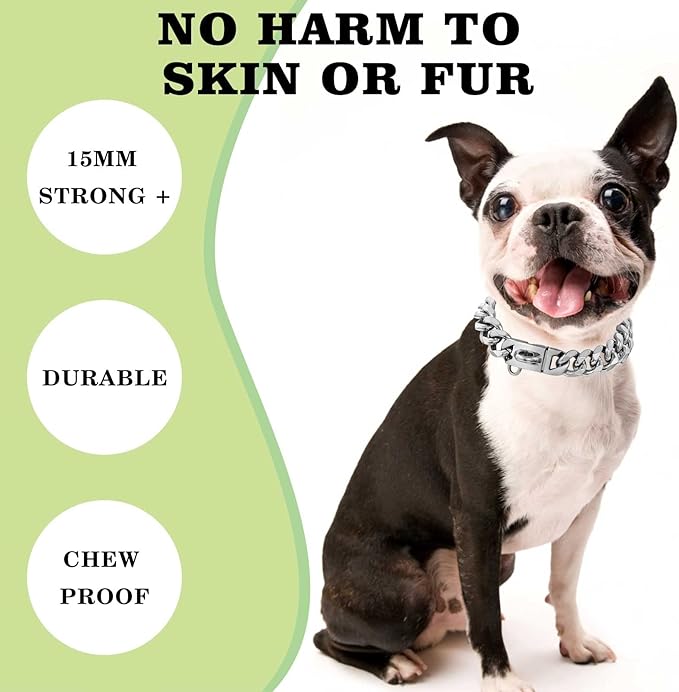 Stainless Steel Silver Gold Dog Collars with Safety Buckle Lock,18K Cuban Link Chain Training Collar,15MM Strong Dog Necklace Heavy Duty Chew Proof for Small Medium Large Dog