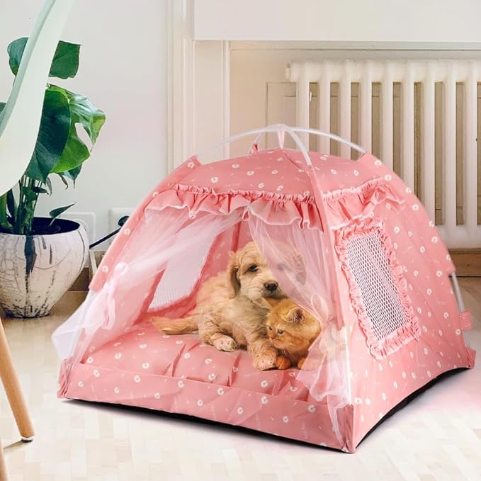 Pawstrip Dog Tent Indoor Cat House Pink Puppy Bed Portable Pet Teepe Princess Dog Camping Tent Outdoor Kitten Houses Cute Bunny Nest Girl Kitty Cave, Medium (15.7"x15.7"x14.6")