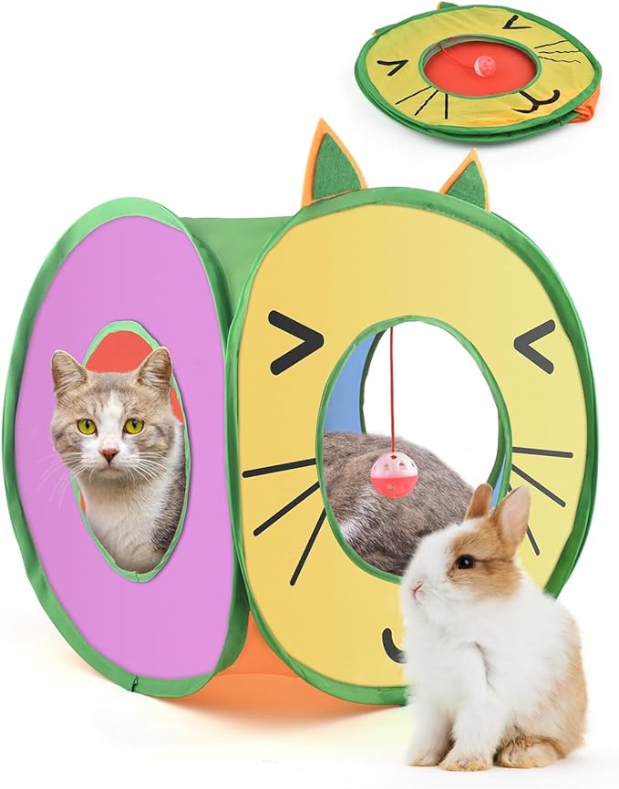 Bissap Pop Up Cat Cube, Collapsible Cat Hideouts Play House Peek Too Cat Cave Tent with 3 Holes for Indoor Outdoor Kittens Cats Puppies Rabbits Hideaway Bed Toy