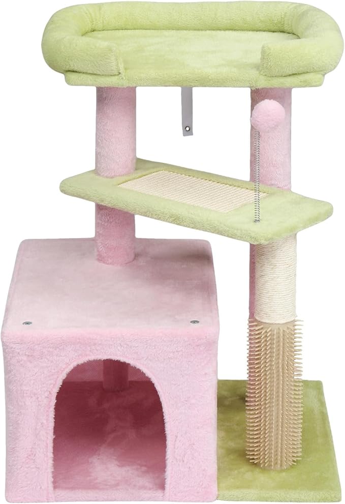 27.5in Cat Tree, Multi-Level Cat Tower with Scratching Post and Pad, Cozy Condo, Padded Top Bed for Kittens and Indoor Cats (Pink)