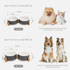 SPUNKYJUNKY Ceramic Dog and Cat Bowl Set with Wooden Stand, Modern Cute Weighted Food Water Set for Small Size Dogs (13.5OZ) & Medium Sized Dogs (28.7OZ) & Cats (3.6 Cups, 2 × White-Grey)