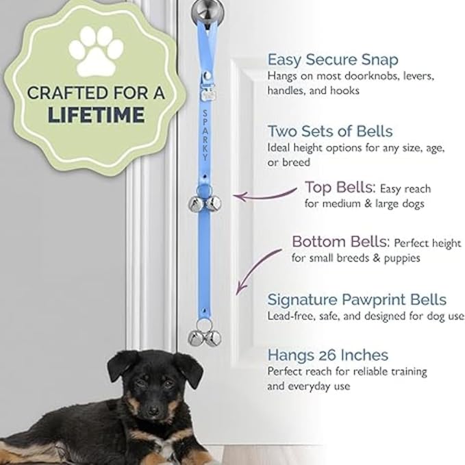 Personalized with Your Dog's Name PoochieBells for Dog Potty Training Bell, Quick & Easy Puppy Potty Training Method Included, Handcrafted in USA w/Loud, Paw-Safe Bells