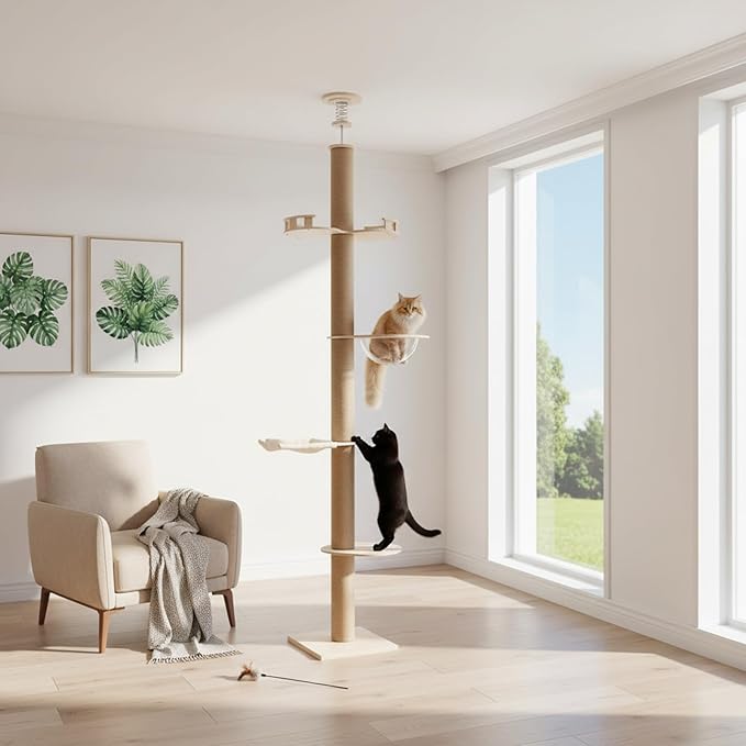 XIJIE 4 Tier Floor to Ceiling Cat Trees Tower, Adjustable Height(100.4-104.3")-Large Cat Tree Climbing Floor-to-Ceiling Post Tower Cat w/Sisal Rope Scratching Post, for Indoor Outdoor Cat Scratching