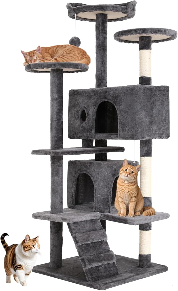BestOffice 54 Inch Cat Tree, Multi-Level Cat Tower with Condo, Perches, Sisal Scratching Posts, Climbing Ladder,Indoor Activity Center Play House for Kittens & Adult Cats,Light Gray