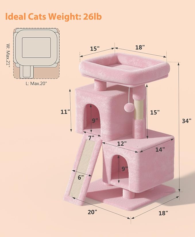 Cat Tree Tower for Indoor Cats Large Adult,Cute/Tall Modern Cat Tree for Big Cats 20 lbs,34''Plush Multi-Level Cat Condo with Scratching Posts,Dangling Ball (Soft Pink, 34 inch)