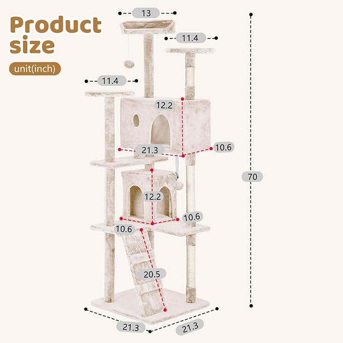BestOffice 70 Inch Cat Tree, Multi-Level Cat Tower with Condo, Perches, Sisal Scratching Posts, Climbing Ladder,Indoor Activity Center Play House for Kittens & Adult Cats, Beige
