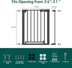 Babelio Baby Gate for Doorways and Stairs, 26-31" Pet Gate with Wide Walk Thru Door and Lock Indicator, No Drill Pressure Mounted Safety Gate with Double Lock and Self-Closing, Black