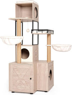 63" Multi-Functional Cat Tree with Hidden Litter Box Enclosure,Washable Cushion, Toy Hanger & Smart Storage for Multi-Cat Households,Modern Design, Rustic Gray