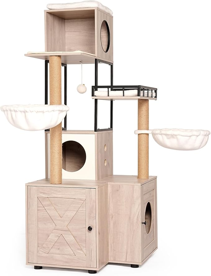 63" Multi-Functional Cat Tree with Hidden Litter Box Enclosure,Washable Cushion, Toy Hanger & Smart Storage for Multi-Cat Households,Modern Design, Rustic Gray