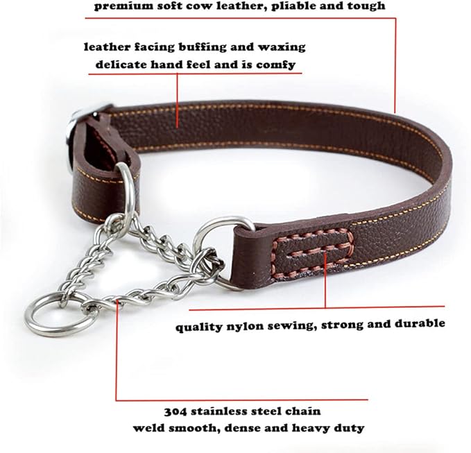 Love Dream Martingale Collars for Dogs, Leather Training Dog Collar, Stainless Steel Chain Anti-Escape No Pull Dog Collar for Medium Large Dogs (M(13.8"-18.9"), Brown)