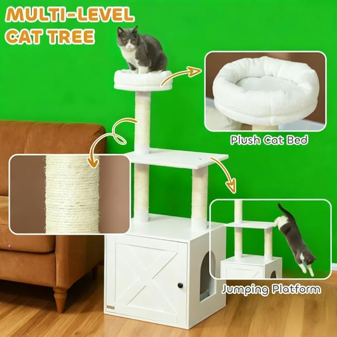 Stylish Cat Tree Tower with Sisal Scratching Posts, Cozy Condo, and Plush Perches for Climbing, Resting, and Play (White + MDF + Polyester)