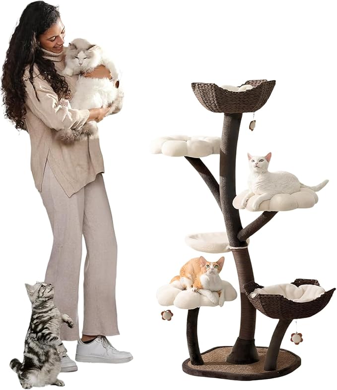 59In Modern Flower Cat Tree with Scratching Posts Handwoven Baskets Cat Tower Baskets Dtachable Cute Climb Frame Beds for Large & Multi-Cat Homes