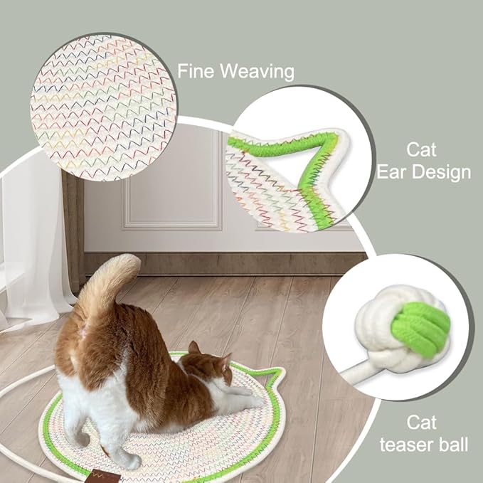 Personalized Cat Scratcher Mat, Customized with Name Text Natural Cotton Rope Round Horizontal Cat Scratching Pads with Ball Toy, Cat Furniture Protector for Wall, Couch, Carpets, Sofa (Green)