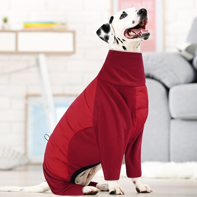 BRKURLEG Full Body Dog Winter Coat Warm Fleece Pullover Pajamas, Four Legs Covered Windproof Dog Jacket for Small to Large Dogs, Turtleneck Dogs Snowsuit, Pet Cold Weather Clothes, Red XS