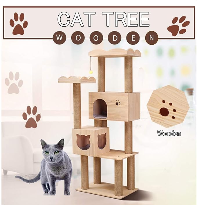 Wooden Cat Tree Condo with Natural Sisal Rope Scratching Post, Activity Tower for Cats Kittens Activity Tower Pet Play House Furniture Indoor (Type B)