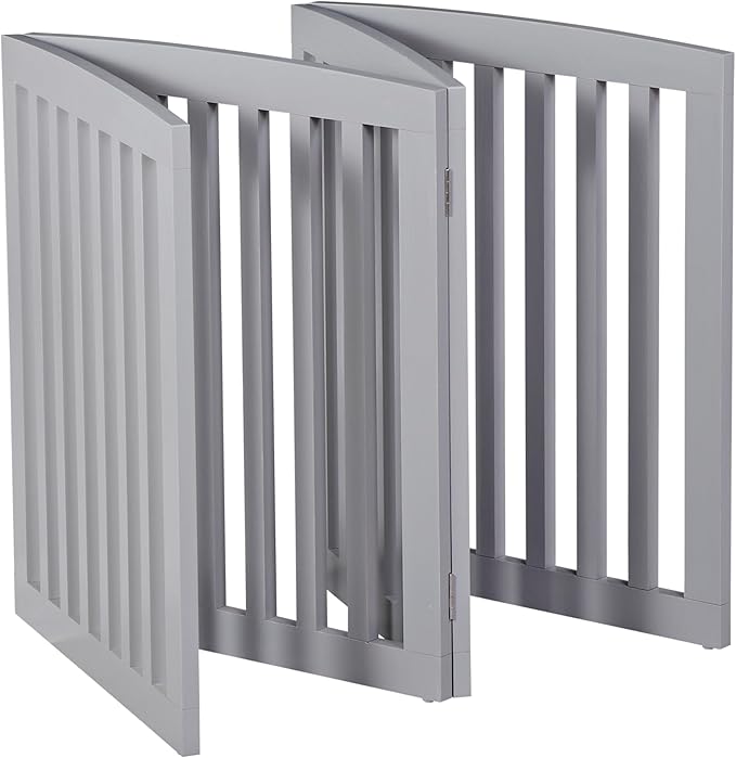 JungleA Freestanding Foldable Pet Gate for Dogs, 24 inch 4 Panels Step Over Fence,Pet Door, Dog Gate for Room, Doorway, Stairs (Grey)