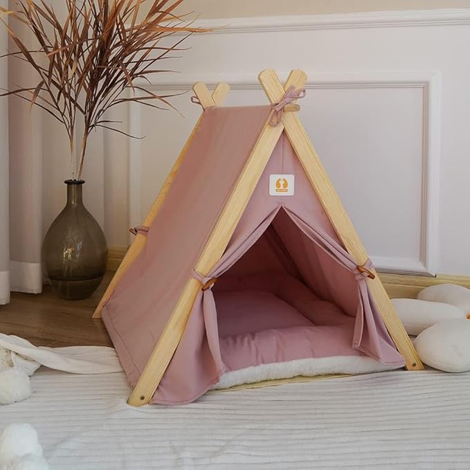 Solid Wood Cat & Dog Indoor Tent with Thick Mat, Teepee Tent & Cave Bed (Pink)