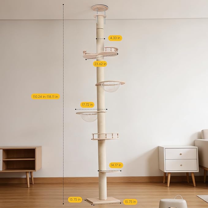 Floor to Ceiling Cat Tree 110-118 Inches Adjustable, Tall Cat Tower with 6 Sisal Scratching Posts & Triple Bolt Lock, Multi-Level Cat Activity Center for Large Indoor Cats