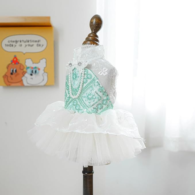Fashion Sweet Puppy Dog Blingbling Princess Skirt Pet Dog Lace Cake Camisole Tutu Dress C-Green M