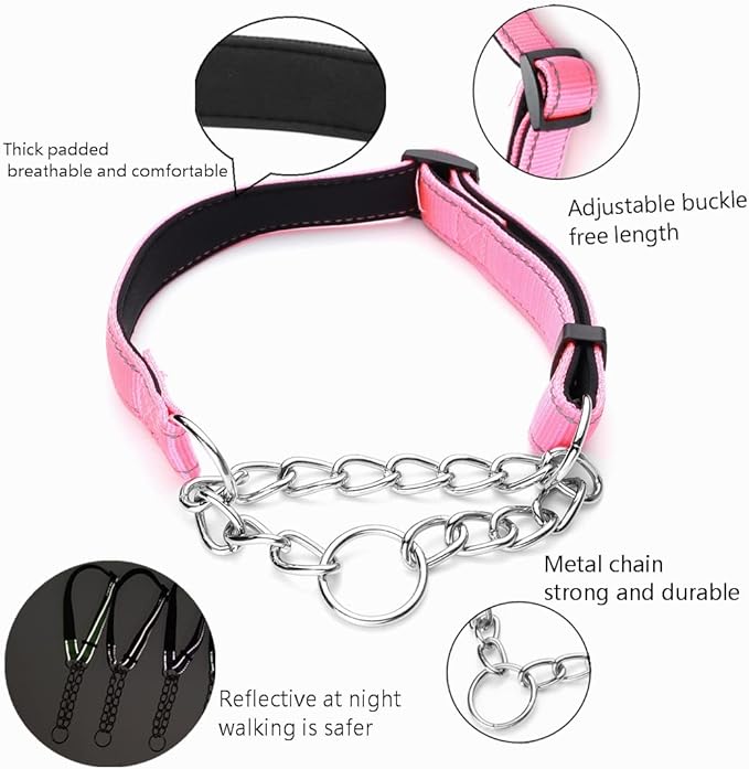 Martingale Dog Collars Adjustable Soft Nylon Reflective Collars with Stainless Steel Chain Walking Training Collars Heavy-Duty Puppy Chain Collars for Small,Medium,Large Dogs(Pink,L)