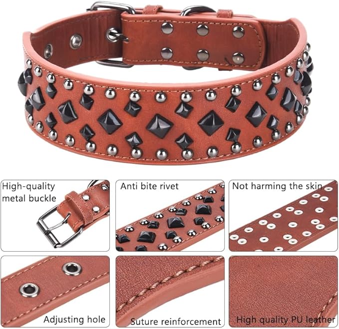 Premium Faux Leather Spiked Dog Collar with Square Studs: Stylish and Durable Design, Comfortable Fit for Small, Medium, & Large Dogs - Ideal for Everyday Walks, Training Black S
