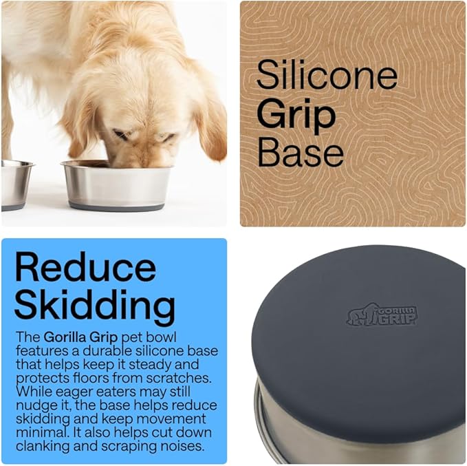 GORILLA GRIP Dog Bowls, Food Grade 304 Stainless Steel, Holds 8 Cups Each (64 fl oz) Food and Water Bowl for Feeding Dogs and Cats, Dishwasher Safe, Rust Resistant, BPA Free Rubber Base Set of 2 Gray