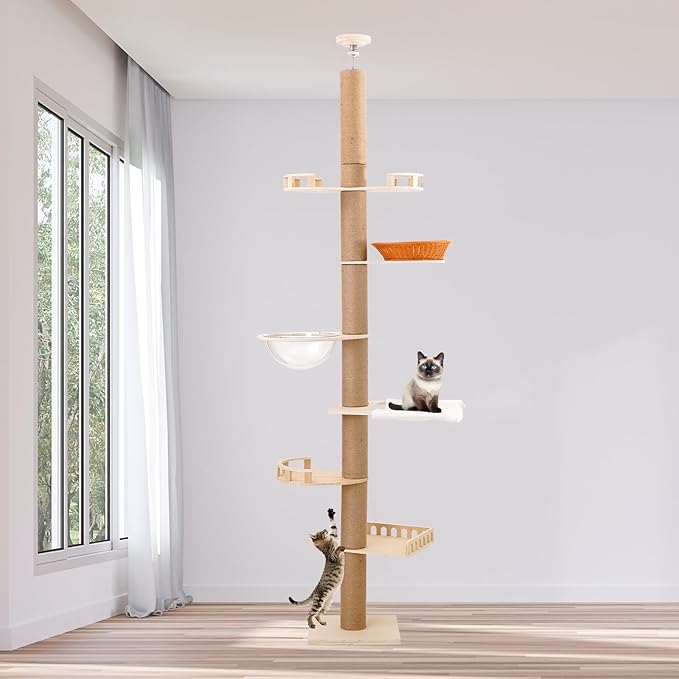 Romiromi 98”-102” Floor to Ceiling Cat Tree, Height Adjustable 7-Tier Ceiling to Floor Cat Tower, Wooden Pet Tree with 6 Sisal Scratching Post for Indoor Cats