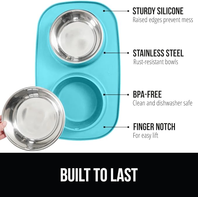 GORILLA GRIP Feeding Mat Bowl Set, 4 Cup 100% Waterproof BPA Free Silicone, 304 Stainless Steel Cat and Dog Bowls for Food and Water, Slip Resistant, High Edge, US Designed, Patent Pending, Turquoise