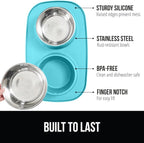 GORILLA GRIP Feeding Mat Bowl Set, 100% Waterproof BPA Free Silicone, 304 Stainless Steel Cat and Dog Bowls for Food and Water, Slip Resistant, High Edge, US Designed, Patent Pending, 2 Cup Turquoise