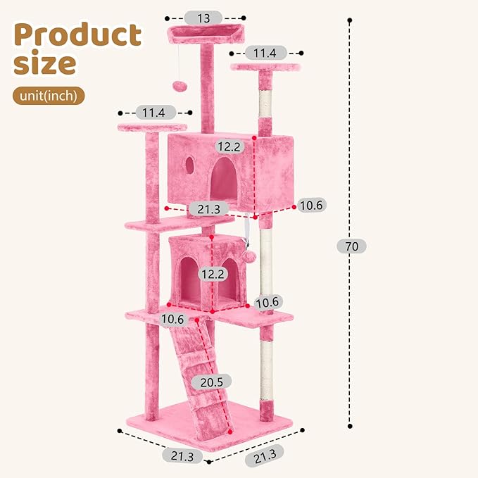 BestOffice 70 Inch Cat Tree, Multi-Level Cat Tower with Condo, Perches, Sisal Scratching Posts, Climbing Ladder,Indoor Activity Center Play House for Kittens & Adult Cats,Pink