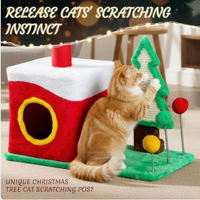 VINGLI 29.5IN Christmas Themed Plush Cat Tree, Multi Level Cat Tower with Condo, Crown Top Perch, Xmas Tree Sisal Scratching Ramp & Post, Spring Hanging Balls Indoor Kitten Cat Activity Center