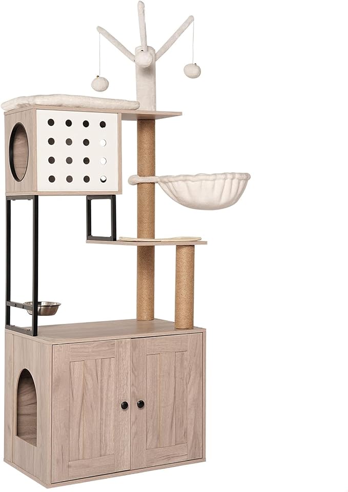 Modern Cat Tree with Litter Box Enclosure Multi-Level Cat Condo with Scratching Posts, Feeding Bowl, Pompom Toys & Odor Control, Gray