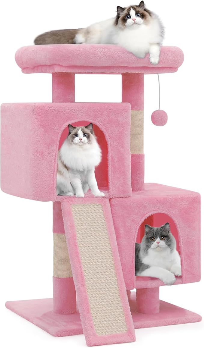 Athena Collection Cat Tree, 34 Inch Cat Tower for Indoor Cats, Multi-Level Cat Tree Tower Activity Center with Cat Scratching Post & Dangling Ball & Cat Condo, Cute Cat Tree, Soft Pink