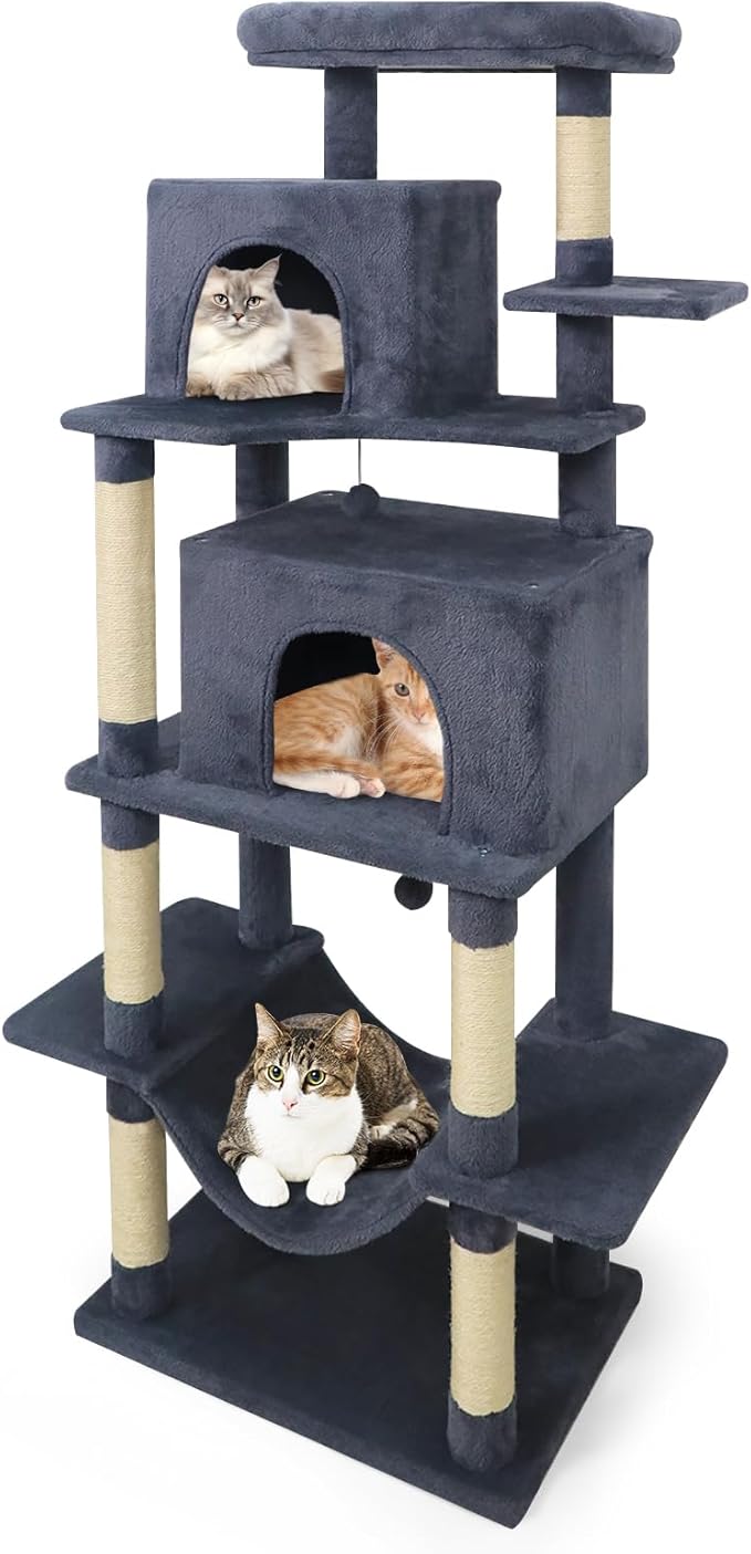 Tangkula 70 Inch Tall Cat Tree, Multi-Level Large Cat Tower with Sisal Scratching Posts, Plush Top Perch, 2 Condos, Hammock, 2 Dangling Balls, Cat Tree Tower for Indoor Cats Large Adults (Dark Grey)