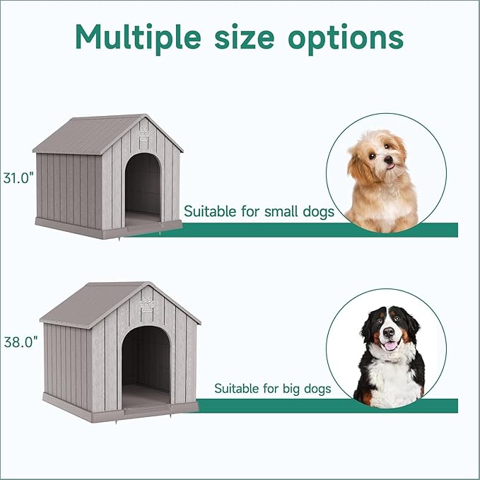 VIXZEN Dog House Outdoor Large Breed - Weatherproof PP Resin Doghouse with Elevated Floor, Open Design & Easy Assembly, Large Dog Houses for Large Dogs Outside (Grey, 38.62" L x 36.26" W x 38.07" H)