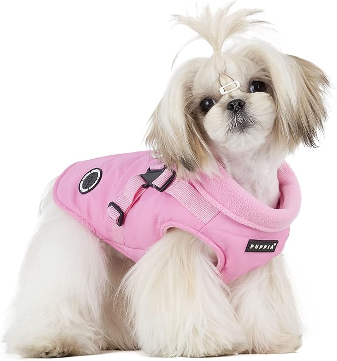 Puppia Mountaineer Winter Dog Coat with integrated harness No Pull Cold Weather Waterproof Warm Fleece Back Zipper for Small & Medium Dog, PINK, Medium
