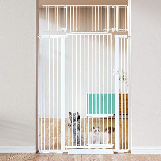 COMOMY 71" Extra Tall Pet Gate for Cats, 29.5-43" Extra Wide Cat Gate with Adjustable Cat Door, Pressure Mounted Easy Walk Through Pet Gate with Door for Stairs, Doorways, Kitchen(White)