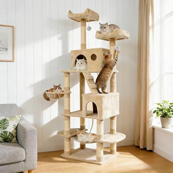 Pawly 70" Extra Tall Cat Tree with Dual Hammocks & Enlarged Condos, Premium CARB P2-Compliant Particle Board, 350G Plush Natural Sisal Cat Tower for Big Cats & Multi-Cat Families, Beige
