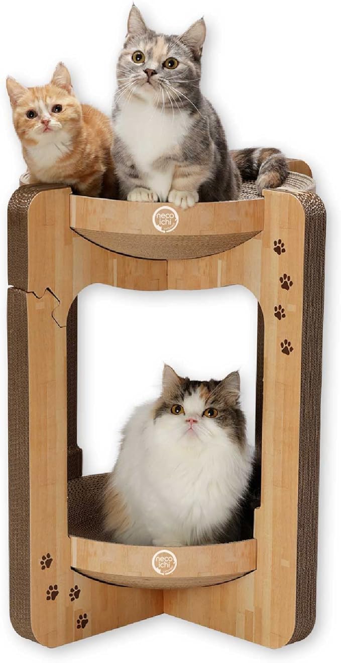 Necoichi Cat Scratcher Tower for Indoor Cats - Cat Scratching Post Lounger with Reversible Usability and Extra Comfort for Lounge, Cardboard Bed Couch / (XL, Oak)