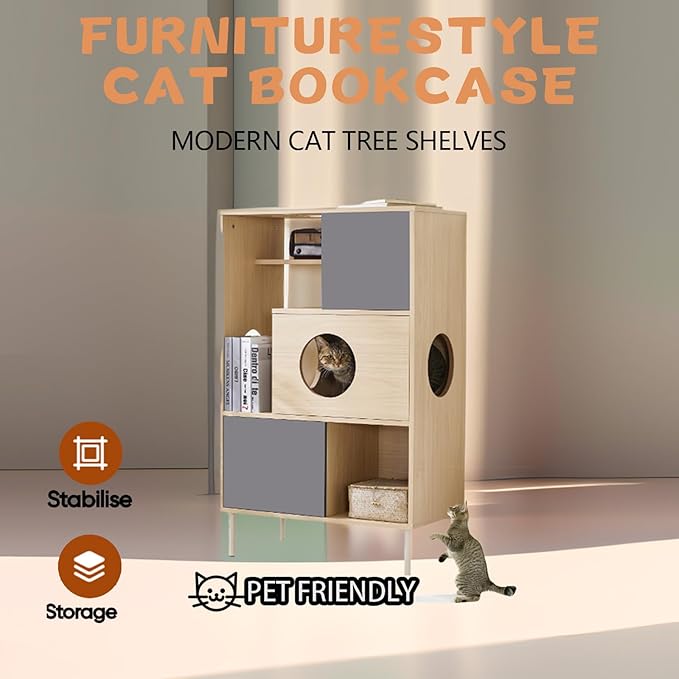 2-in-1 Modern Cat Tree Tower for Large Cats,Wooden Cat Tower with Litter Box Enclosure and Bookshelf/Storage Cabinet/Hidden Bed for Living Room Or Bedroom (Natural, 35.4") (Natural+Grey, 27.6)