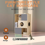 2-in-1 Modern Cat Tree Tower for Large Cats,Wooden Cat Tower with Litter Box Enclosure and Bookshelf/Storage Cabinet/Hidden Bed for Living Room Or Bedroom (Natural, 35.4") (Natural+Grey, 27.6)